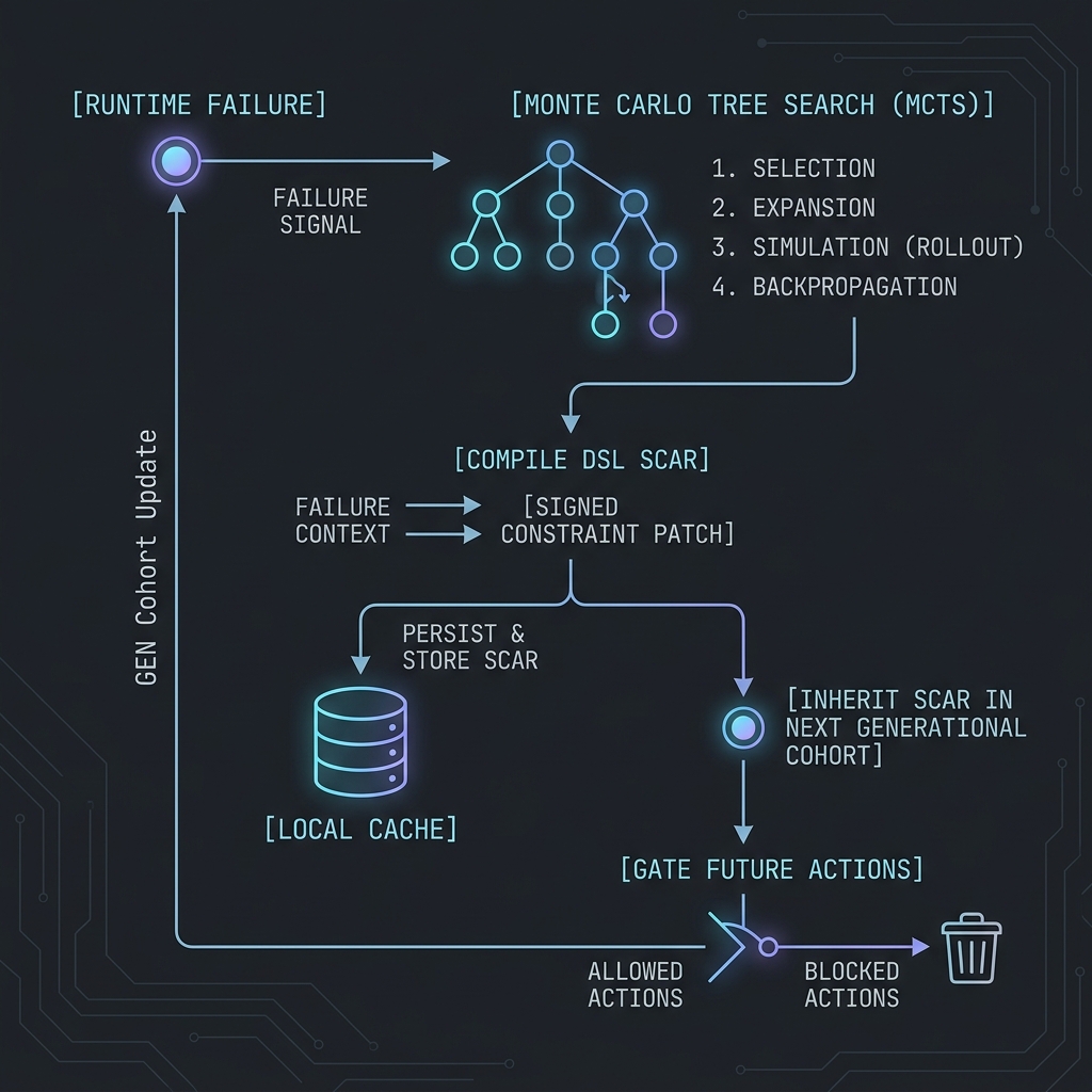 Figure 2: MCTS-based Schema Accommodation compilation loop. When a trajectory fails, the trace is evaluated to synthesize a signed Scar constraint patch, which is stored in the local cache to prevent future redundant validator checks.