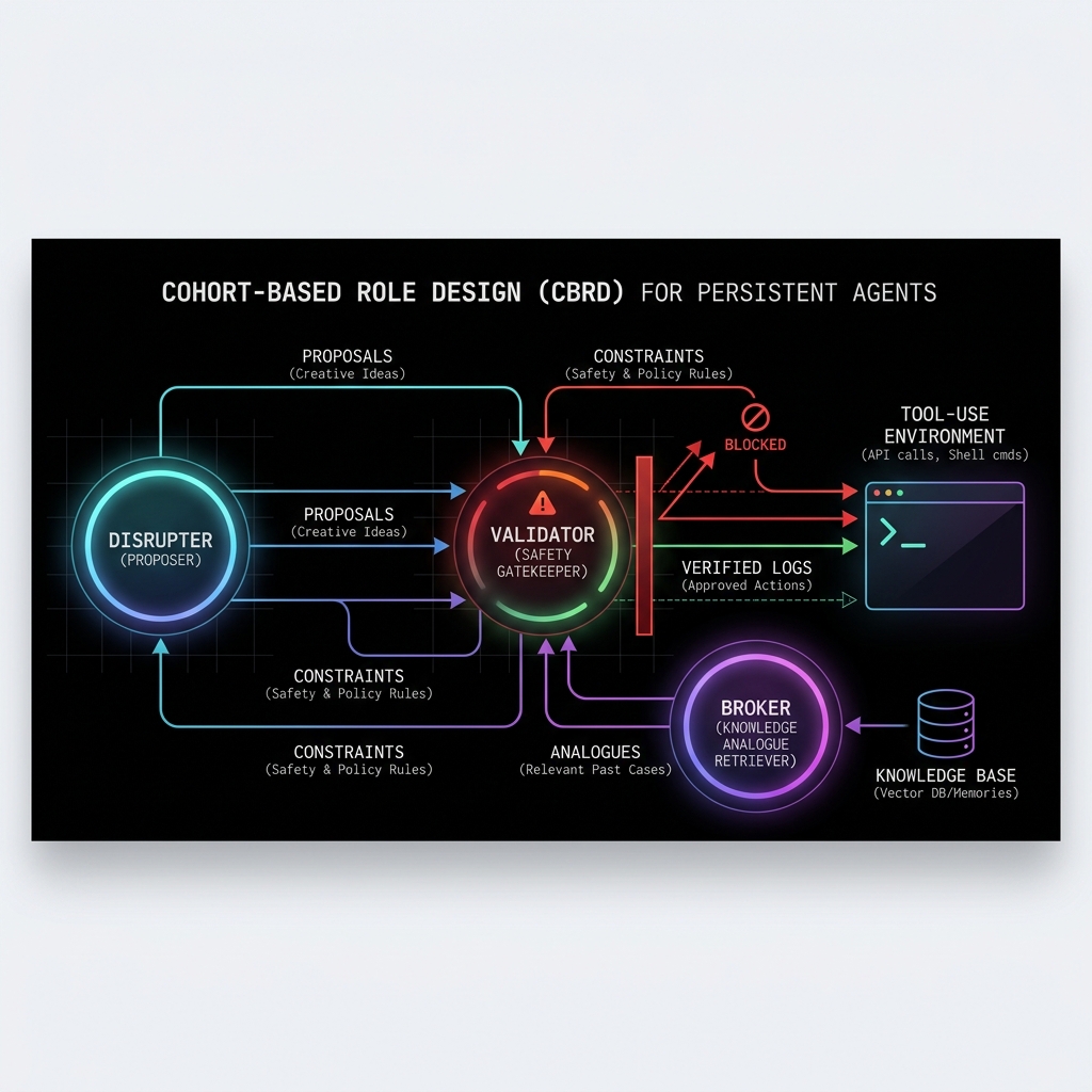 Figure 1: Cohort-Based Role Design (CBRD) topology and communication allocation network. Proposing nodes (Disrupter) interact with retrieval nodes (Broker) under resources managed by CAS, while all execution proposals pass through hard runtime constraints enforced by the Validator.