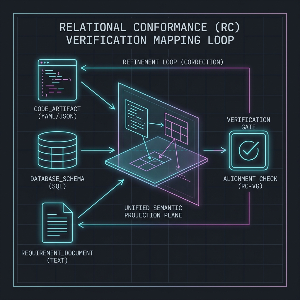 Figure 2: Separate-path verification mapping loop under the Relational Conformance model. A separately versioned validator computes the expected decision from the Ledger and Policy, enforcing independent execution pathways.