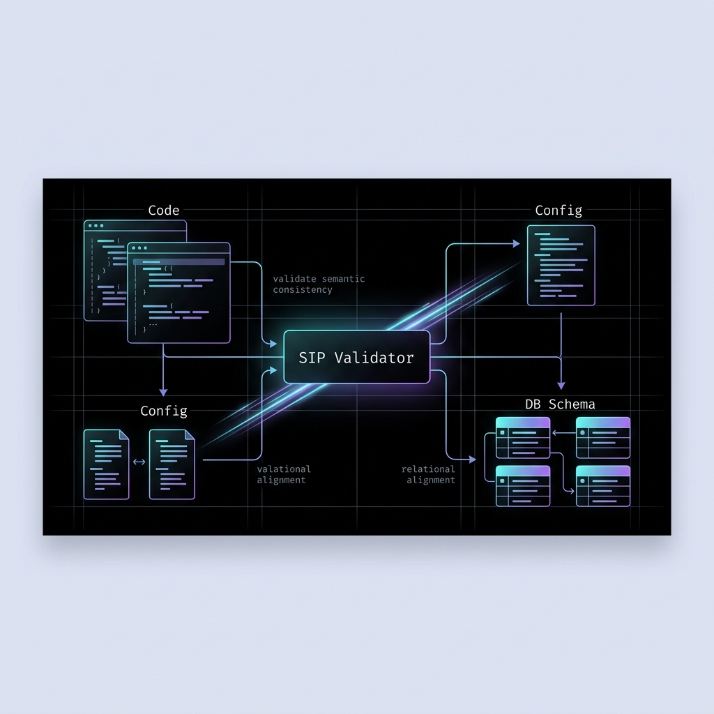 Figure 1: Architectural overview of the Typed Artifact Graph under the Schema Interoperability Protocol (SIP). Relational Conformance (RC) validates semantic consistency across code, configurations, database schemas, and evidence files.
